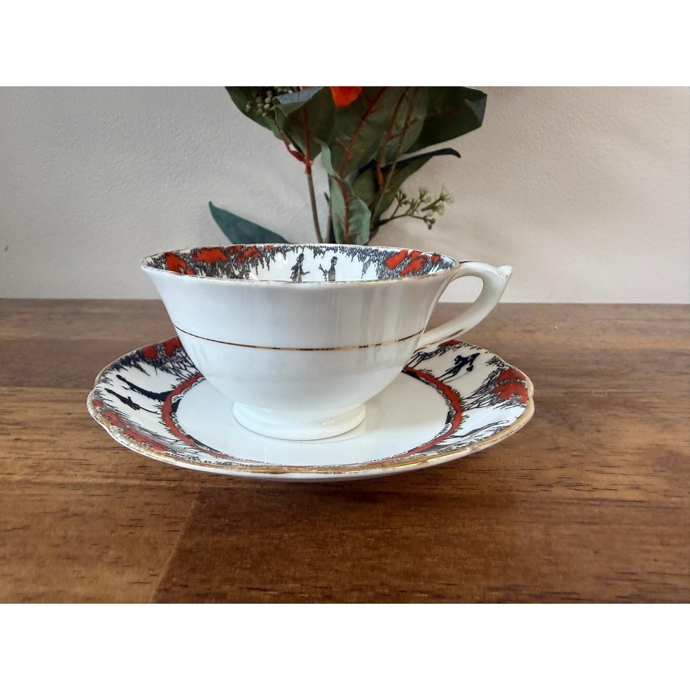 Vintage Paragon Silhouette Teacup & Saucer Red Black Gold English Bone China